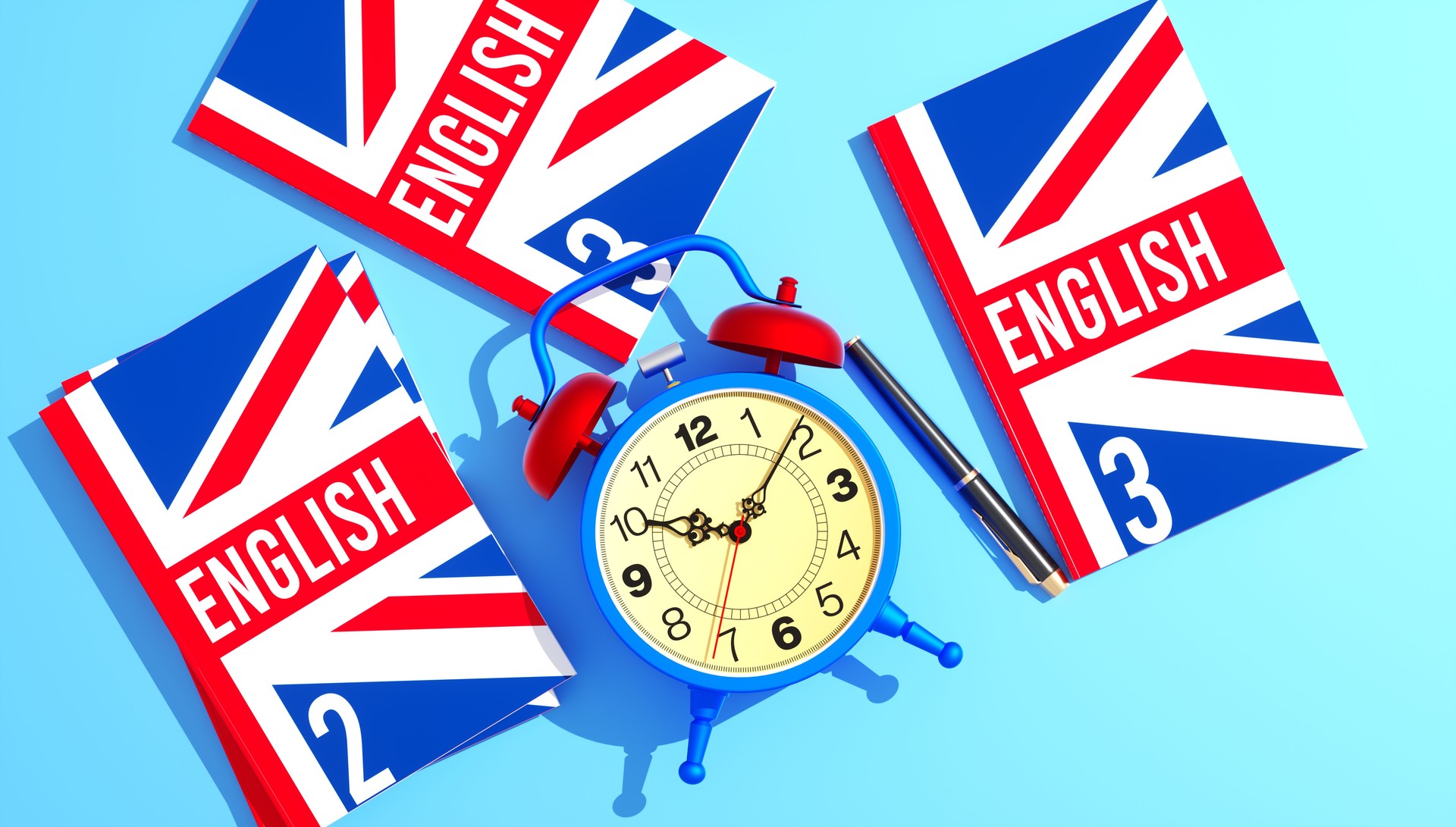 British flag with English language textbooks, retro alarm clock, and study materials on a blue background. Time management and British education theme with vibrant red, white, and blue colors. 3D render with a stylized, patriotic design.